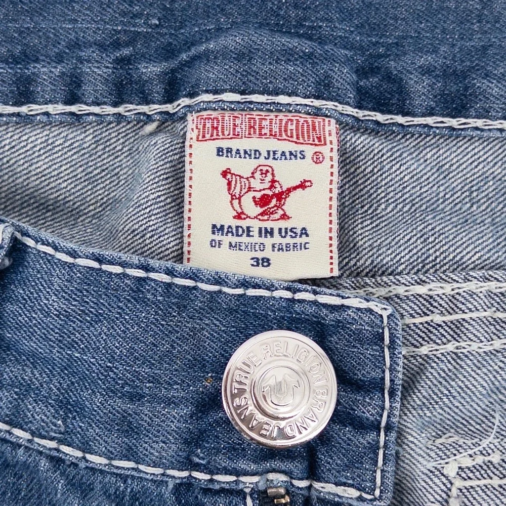 VTG Y2K True Religion Mens 38x33 Ricky Straight Jeans Blue Thick White Stitching